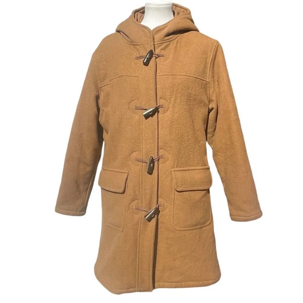 Cabela’s Women’s Toggle Duffel Wool-blend Hooded Coat, Large. Tan cargo pockets